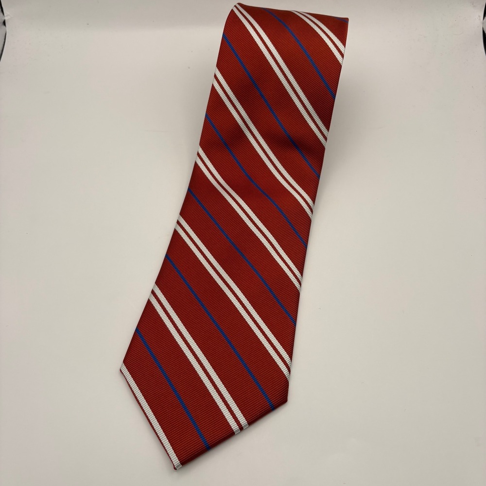 Rooster Mens Silk Necktie Rust‎ White Blue Striped Repp Pattern 58 Inch Length